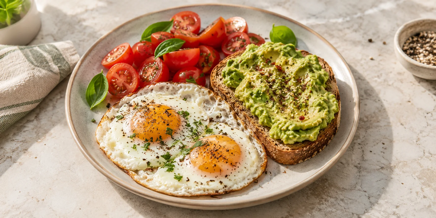 A plate of eggs, avocado toast and fresh tomatoes