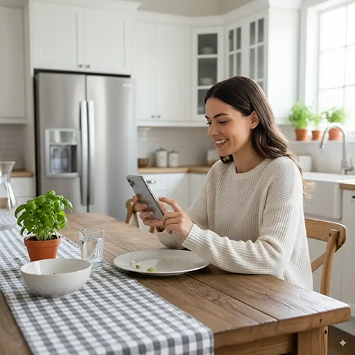 Person typing meal description on phone